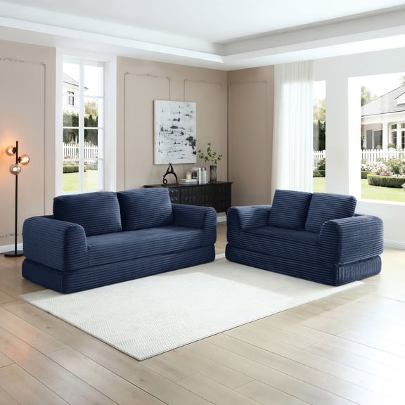 FFZ 2-In-1 Folding Convertible Bed Modern Corduroy Sleeper Futon Modular Boneless Blue For Living Room