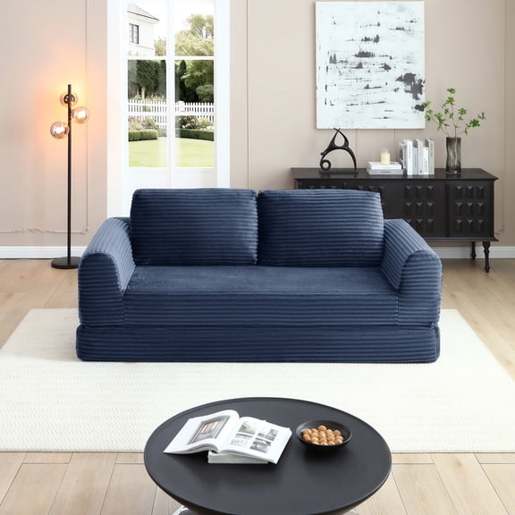 FFZ 2-In-1 Folding Convertible Sofa Bed Modern Corduroy Sleeper Futon Modular Boneless Blue For Living Room Apartment