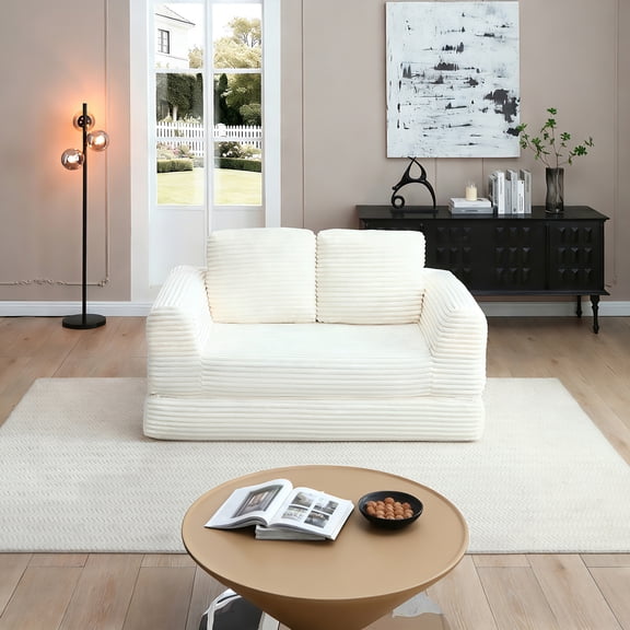 FFZ 2-In-1 Folding Convertible Sofa Bed Modern Corduroy Sleeper Futon Modular Boneless Pull-Out Beige For Living Room