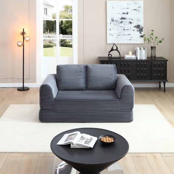 FFZ 2-In-1 Folding Convertible Sofa Bed Modern Corduroy Sleeper Futon Modular Boneless Pull-Out Grey For Living Room