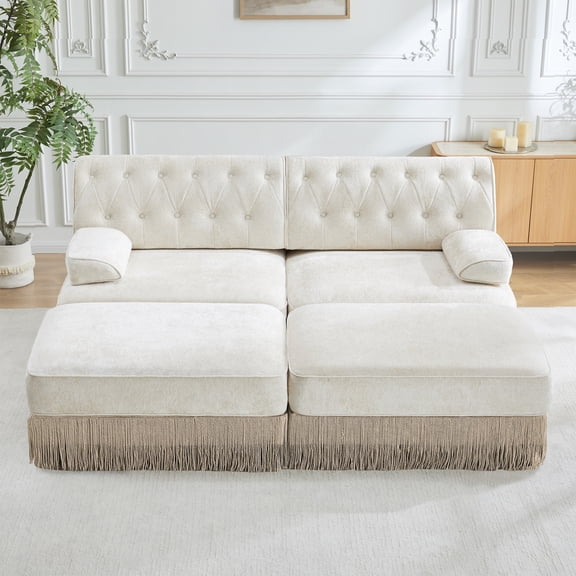 FFZ 2 Ottoman Breathable Comfort Velvet Tassel Skirt Chesterfield Curved Armrests Wooden Beige For Living Room
