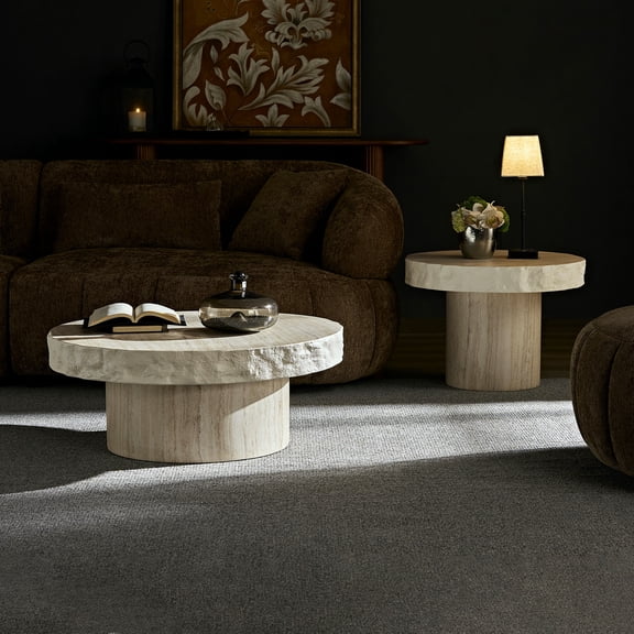 FFZ 2-Piece Faux Mars Textural Patterns Coffee Tables for Living Room, Beige