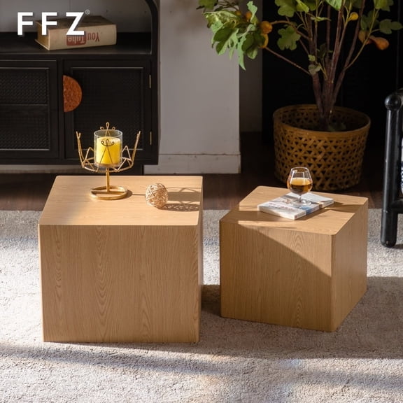 FFZ Set of 2 Nesting Cube Coffee Tables with Wood Grain Finish, 18.9 x 18.9 x 15.16 inch, Natural Wood