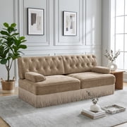 FFZ 2-Seat Chesterfield Tufted Velvet Sofa with Tassel Skirt and Wooden Base, Camel