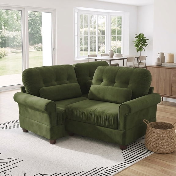 FFZ 2-Seater Chenille Sofa with Ruffled Edge, Lumbar Support Pillows and Rolled Arms, Green