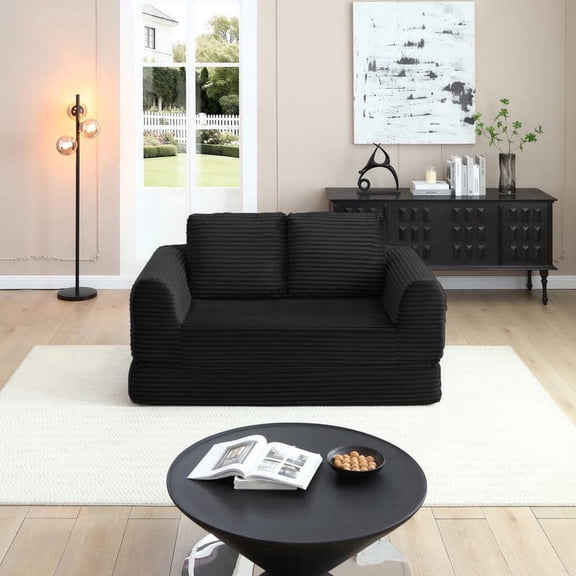 FFZ 2-in-1 Folding Convertible Sofa Bed with Corduroy Fabric and 2 Pillows, Black