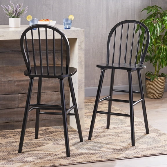FFZ 20.65" Cottage Bar Stool Set of 2 with Farmhouse Spindle Back and Rubber Wood Frame, Black