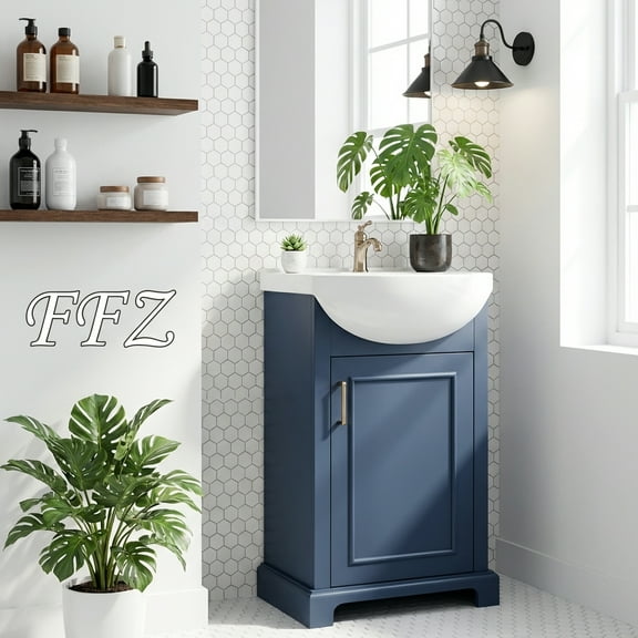 FFZ 20" Freestanding French Vanity Set: Bulged Ceramic Sink & Soft-Close Door (White/Blue)