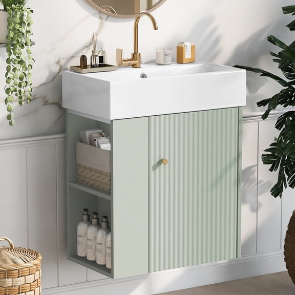 FFZ 21.6 inch Modern Floating Bathroom Vanity with Ceramic Basin, Wave Door and Rose Gold Handle, Green