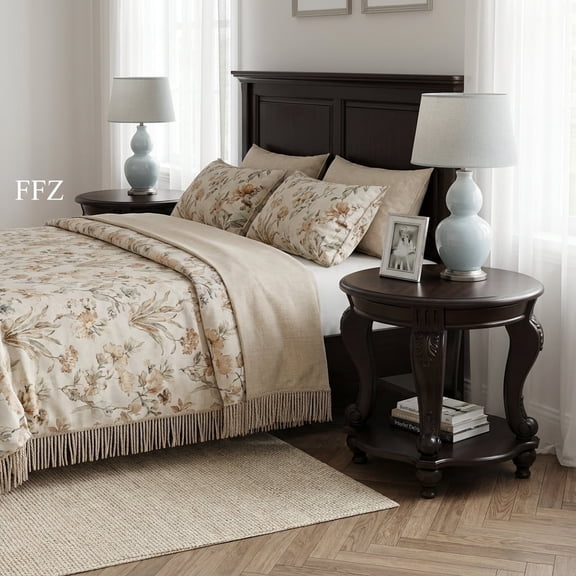 FFZ 22'' Dual-Tone Circular Side Table - Solid Wood End Table with Shelf, Effortless Setup  For Living room and Bedroom(Cherry/Espresso)