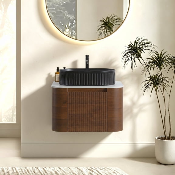 FFZ 24.03" Bathroom Vanity with Ceramic Sink, Walnut Cabinet with Towel Rack and Fluted Design, Black