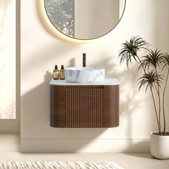 FFZ 24.03" Walnut Bathroom Vanity with Ceramic Sink and Towel Rack, Fluted Design, Carrara White