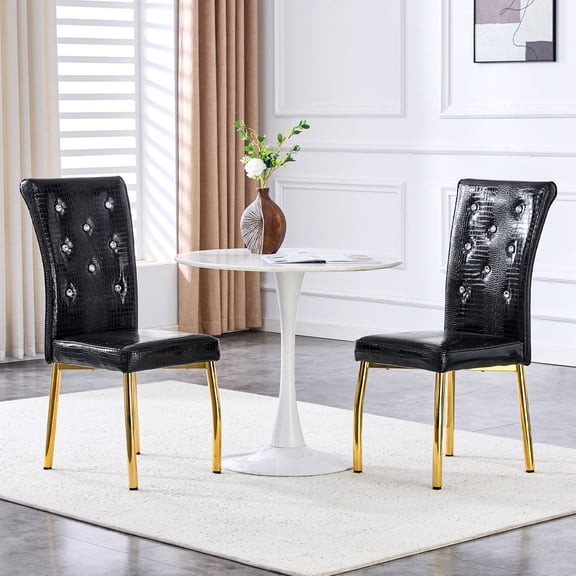 FFZ 24.41" Set of 2 Retro Alligator Dining Chairs with Crystal Buckle & Gold Metal Legs, Black+Gold