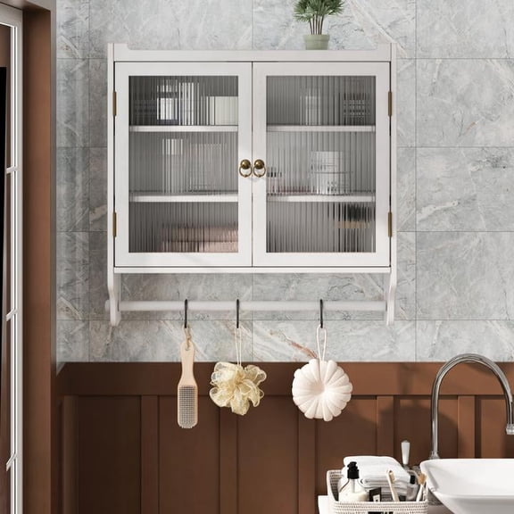 FFZ 24.8 inch Vintage Double Door Wall Cabinet with Towel Rack and Three Tiers of Storage, White Washed