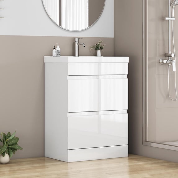FFZ 24" Bathroom Vanity Combo with Thick-Edged Ceramic Sink - Handleless Push-Open Design, 2 Soft-Close Doors, Internal Shelf, High-Gloss White, Easy Assembly