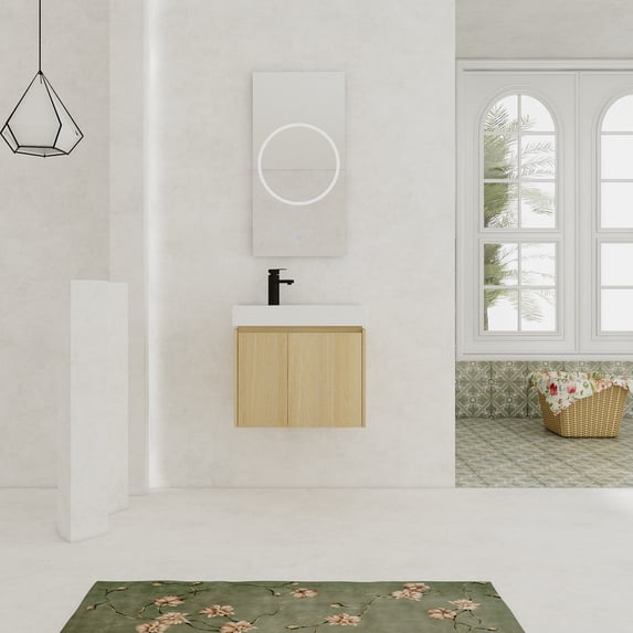 FFZ 24 Inch Bathroom Vanity With Ceramic Basin, Wall Mounted Floating Vanity Sink Combo, Wooden Storage Cabinet With Double Doors For Bathroom,Oak