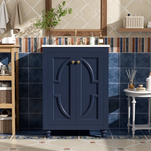 FFZ 24 inch Modern Bathroom Vanity with Elliptical Motif and French Legs, 24 x 18.3 x 32.9 inch, Blue