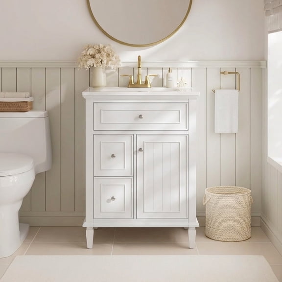 FFZ 24" Modern Bathroom Vanity with Sink - Solid Wood/MDF, 3 Drawers & Adjustable Shelf (Blue Grey/White/Black/Gre