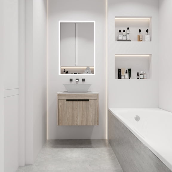 FFZ 24 inch Modern Floating Bathroom Vanity with Ceramic Basin, Soft-Close Door, White Oak, White Oak