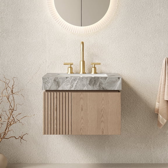FFZ 24 inch Floating Bathroom Vanity with Sintered Stone Top, Ceramic Basin and Plywood Cabinet, Light Brown