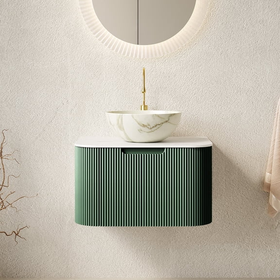 FFZ 24 inch Floating Bathroom Vanity with Ceramic Basin and Sintered Stone Top, Dark Green, Carrara White