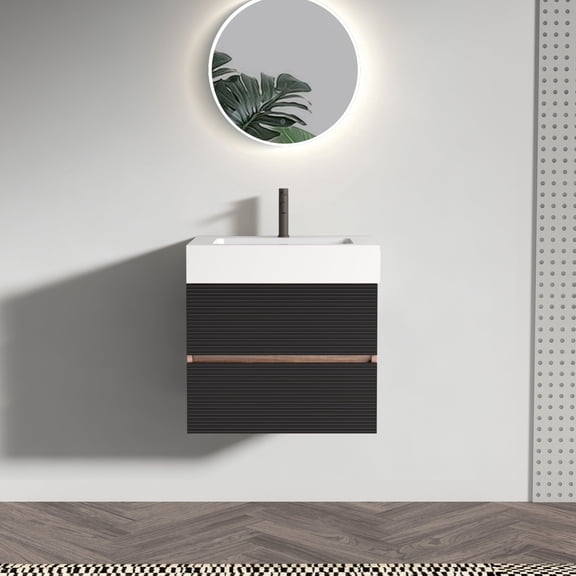 FFZ 24 inch Wall-Mounted Bathroom Vanity with Engineered Quartz Sink and Soft Black Drawers, Black+Brown