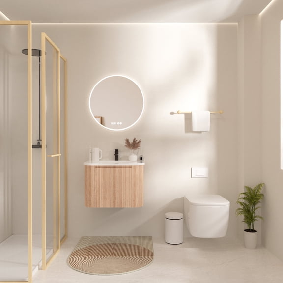 FFZ 24 Inch Wall Mounted Bathroom Vanity with Sink, Curved Design, Wave Texture Wood, Cultured, Natural Wood