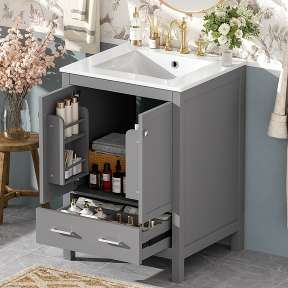 FFZ 24-inch bathroom vanity with integrated undermount basin and a storage cabinet featuring 2 doors and 1 drawer. Includes double-layer door shelf, soft-close design, and versatile storage solutions