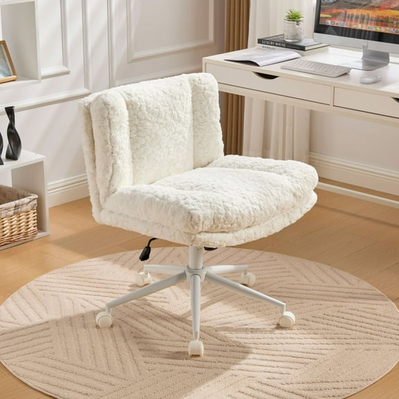 FFZ Wider Seat Office Chair with Faux Alpaca Fabric and Metal Base, 26.4 inch Seat Width, Cream