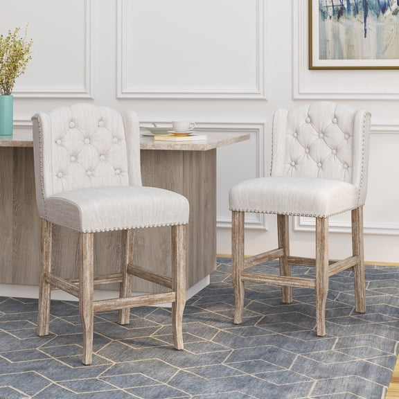 FFZ 20.87" Vienna Contemporary Fabric Tufted Wingback Counter Stool Set of 2 with Nailhead Accents, Beige