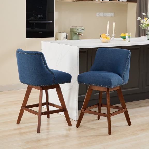 FFZ Counter Height Swivel Barstools Set of 2 with 360-Degree Rotation and Rubber Wood Frame, Blue