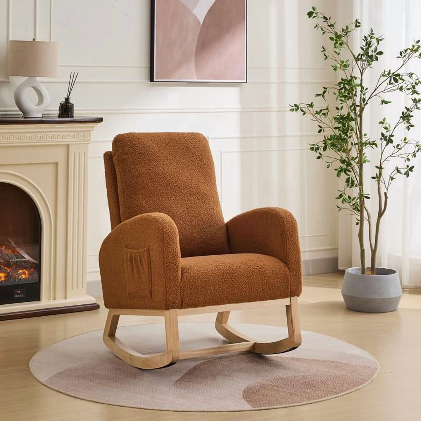 FFZ 27.2W Rocking Chair Nursery Sherpa Glider High Back Side Pocket Accent Armchair Rubber Wood Caramel