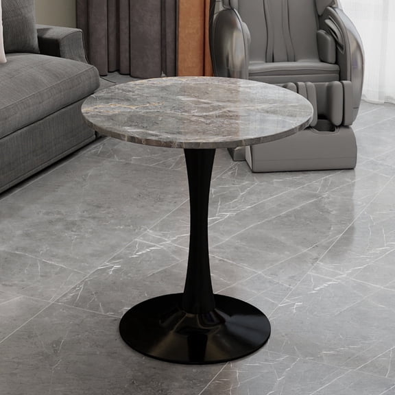 FFZ 27.6 inch Round Coffee Table with Faux Marble Top, Mid-Century Modern Style, Black+ Gray