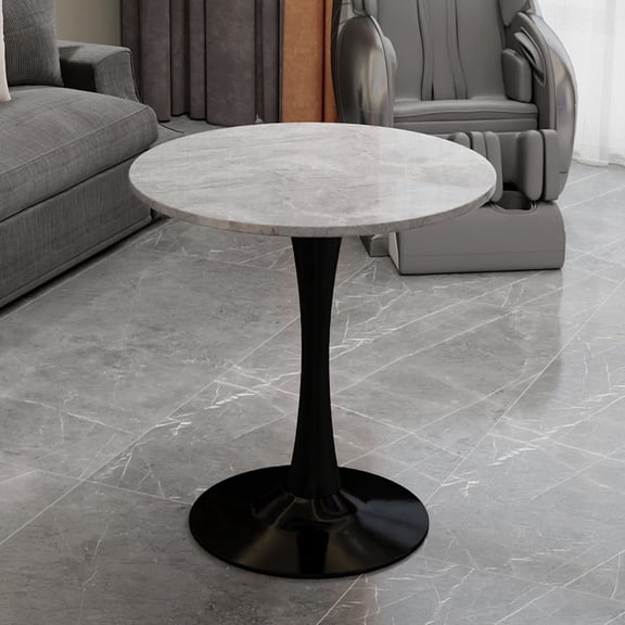 FFZ 27.6 inch Round Coffee Table with Faux Marble Top and Black Pedestal Base, Black+ Gray