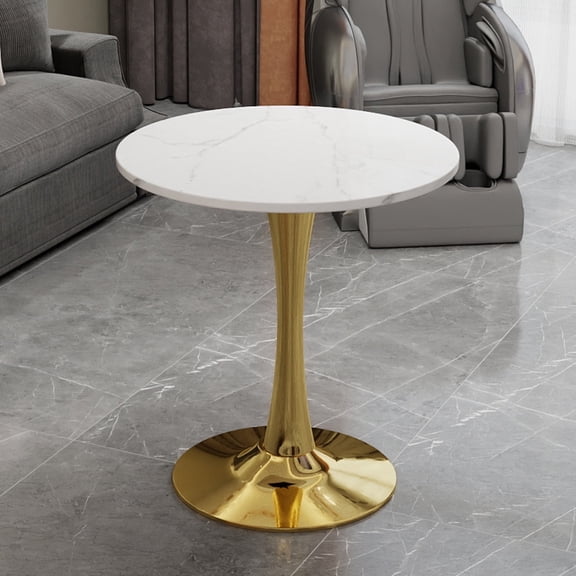 FFZ 27.6 inch Round Coffee Table with White Marble Top and Gold Pedestal Base, Golden White
