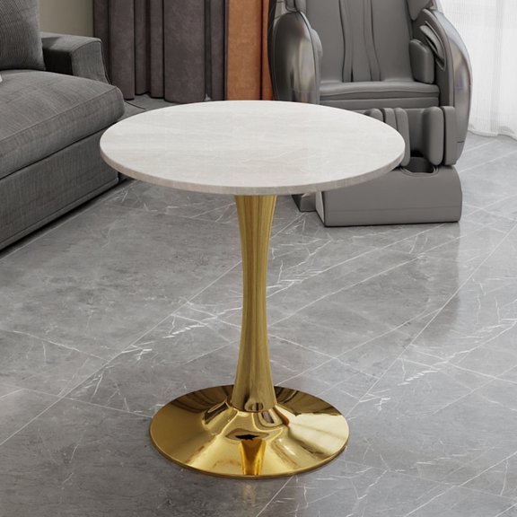 FFZ 27.6" Round Coffee Table with White Veined Marble Top & Gold Pedestal, Golden+White