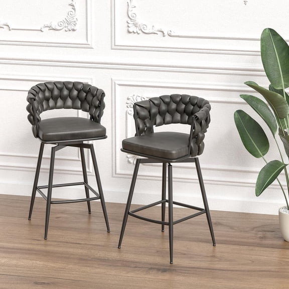 FFZ Set of 2 Technical Leather Woven Bar Stools with 360 Swivel, Footrest, Black Legs, Brown+tan