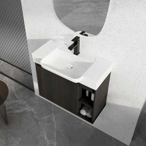 FFZ 28 inch Wall-Mounted Bathroom Vanity with Ceramic Sink and Soft-Close Door, Dark Oak
