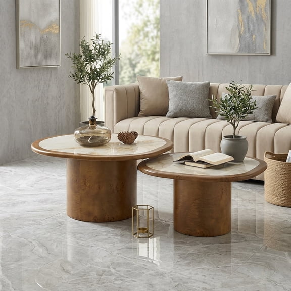 FFZ 29.13" Irregular Coffee Table Set with Burl Wood Veneer and Sintered Stone Top, Walnut