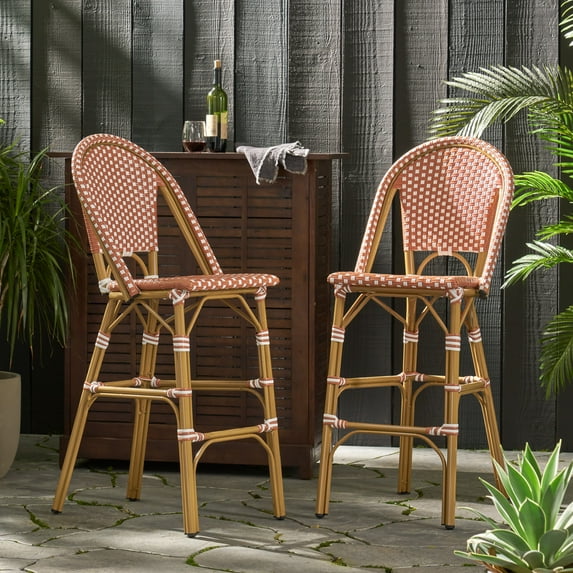 FFZ 29.5" Outdoor Pe Rattan French Barstool, Rust Red And White, Aluminum Frame With Bamboo Finish (Set Of 2)