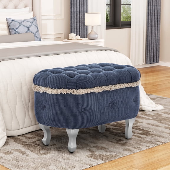FFZ 30"L Storage Bench with Button-Tufted Fabric, Tassel Trim and Ample Storage, Blue