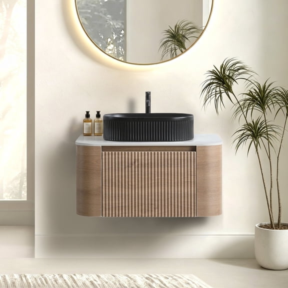 FFZ 29.94" Bathroom Vanity with Ceramic Sink, Curved Fluted Design and Towel Rack, Black