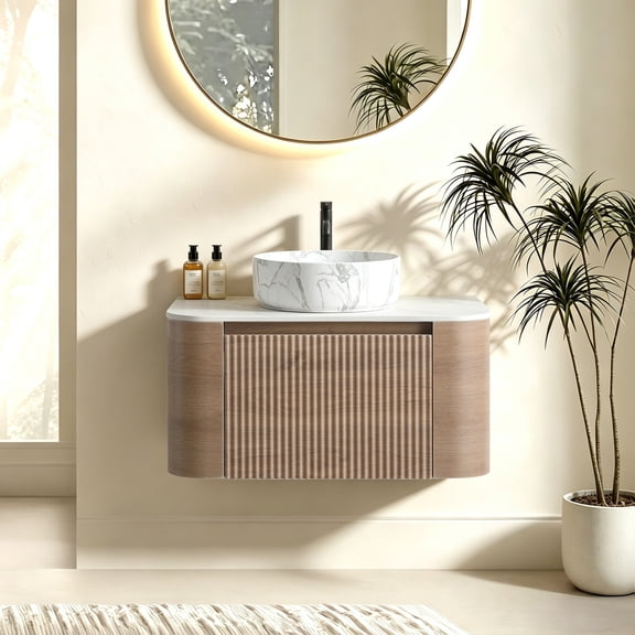 FFZ 29.94" Bathroom Vanity with Ceramic Sink, Curved Fluted Design and Towel Rack, Carrara White