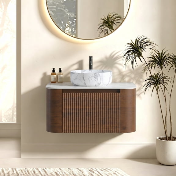 FFZ 29.94" Bathroom Vanity with Ceramic Sink, Curved Fluted Design and Towel Rack, Carrara White
