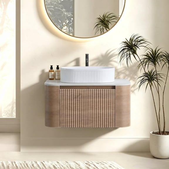 FFZ 29.94" Curved Bathroom Vanity with Ceramic Sink, Towel Rack and Soft-Close Drawers, Honey Oak
