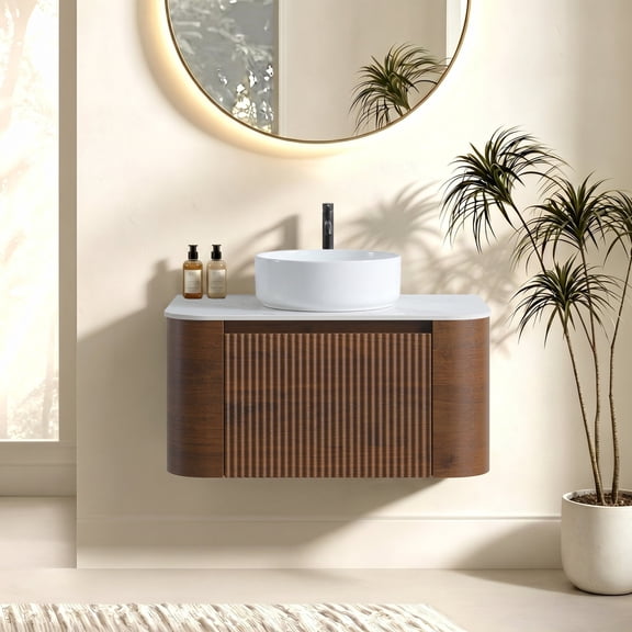 FFZ 29.94" Walnut Bathroom Vanity with Ceramic Sink, Towel Rack, Pre-assembled, Walnut