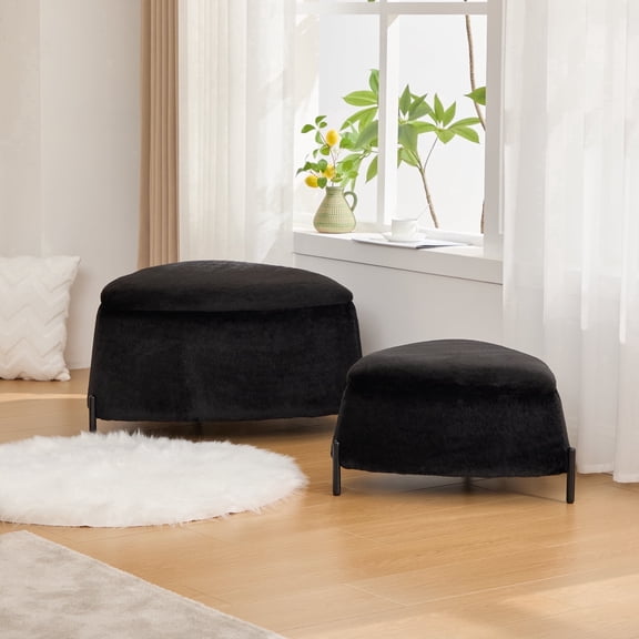 FFZ 2-Piece Faux Fur Storage Ottoman Set with Reversible Tray and Metal Legs, Black