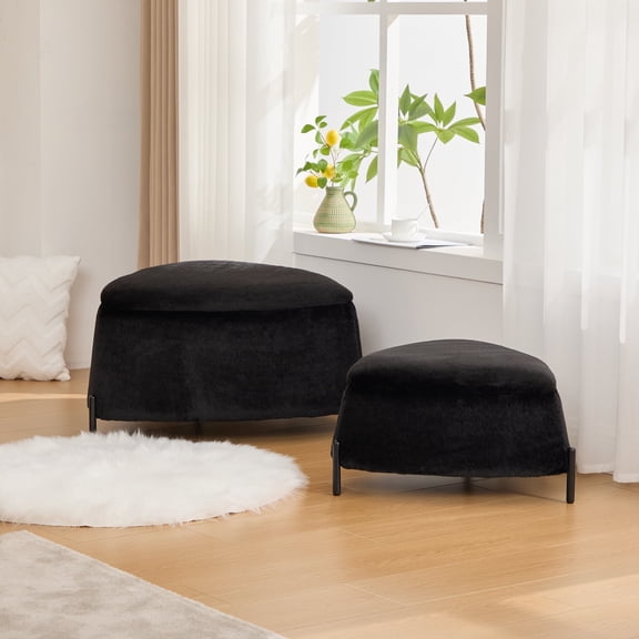 FFZ 29.9"Wide 2 - Piece Upholstered Storage Ottoman Set Footrest Shoe Changing Stool With Metal Legs,Faux Fur Foot Stool Coffee Side Table With Reversible Lid For Living Room Bedroom Entryway Black
