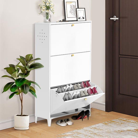FFZ 3 Drawer All Steel Shoe Cabinet Freestanding Rack Storage Organizer Flip Door Tipping Bucket White