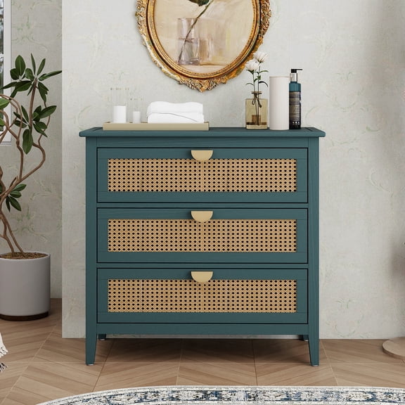 FFZ 3-Drawer Cabinet with Natural Rattan Front and American Style, 31.5 x 14.96 x 30.51 inch, Green